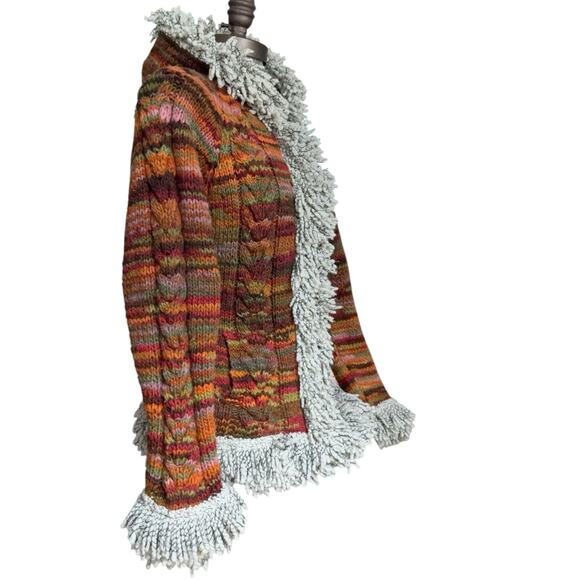 AMANO 100% Wool Cardigan Womens Medium Boho Chunky Hood Fringe Zip Orange - Picture 8 of 10